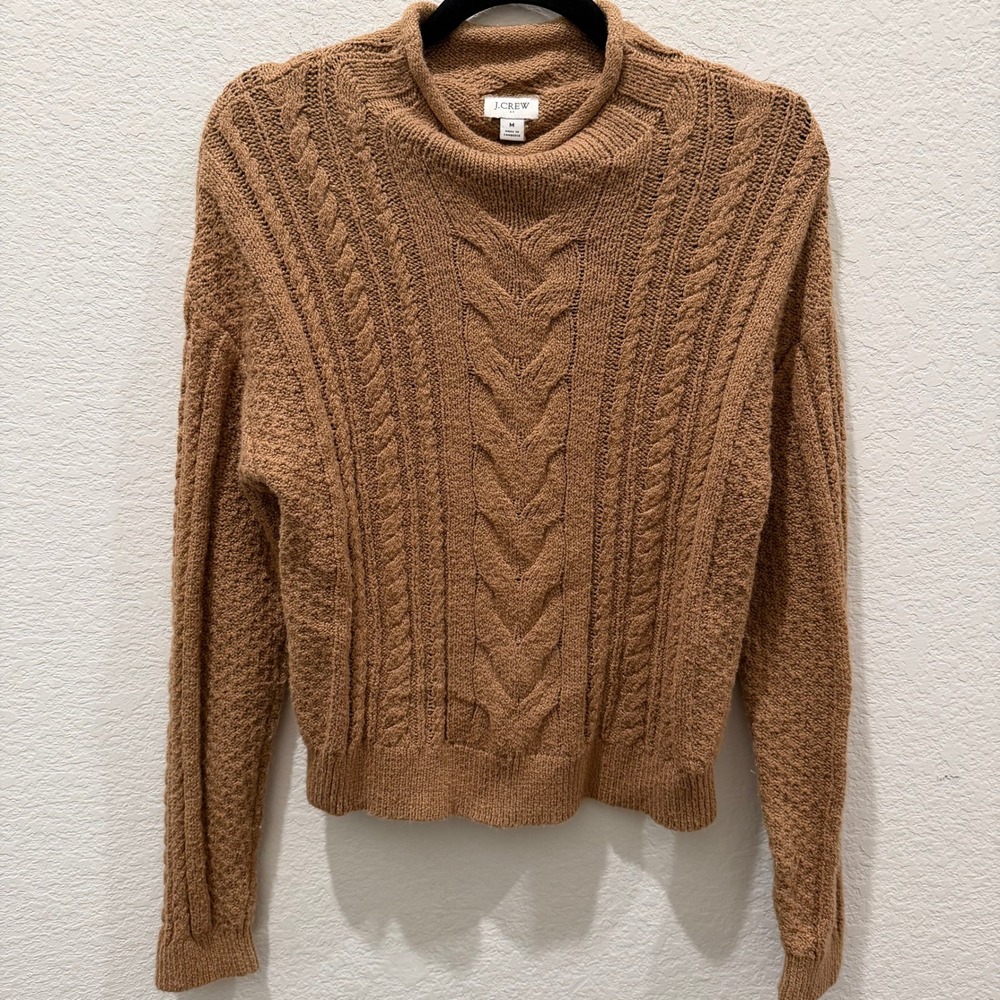 J.Crew Womens Camel Brown Cable Knit Mock Neck Cotton Blend Sweater Size Medium